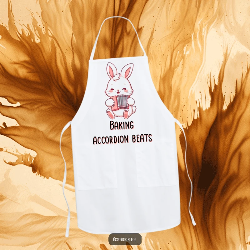 Funny Bunny Accordion Apron showing a fluffy bunny enthusiastically playing a small accordion, ideal for kitchen use and music lovers.
