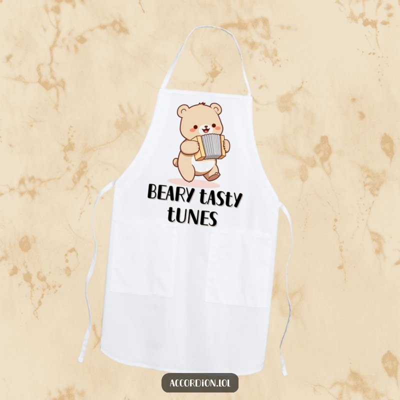 Funny bear apron with a small bear bouncing and happily playing a miniature accordion, ready for kitchen adventures.