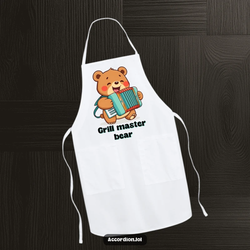 Funny Bear Accordion Apron featuring a cheerful bear with a big smile playing an accordion, ideal for kitchen activities.