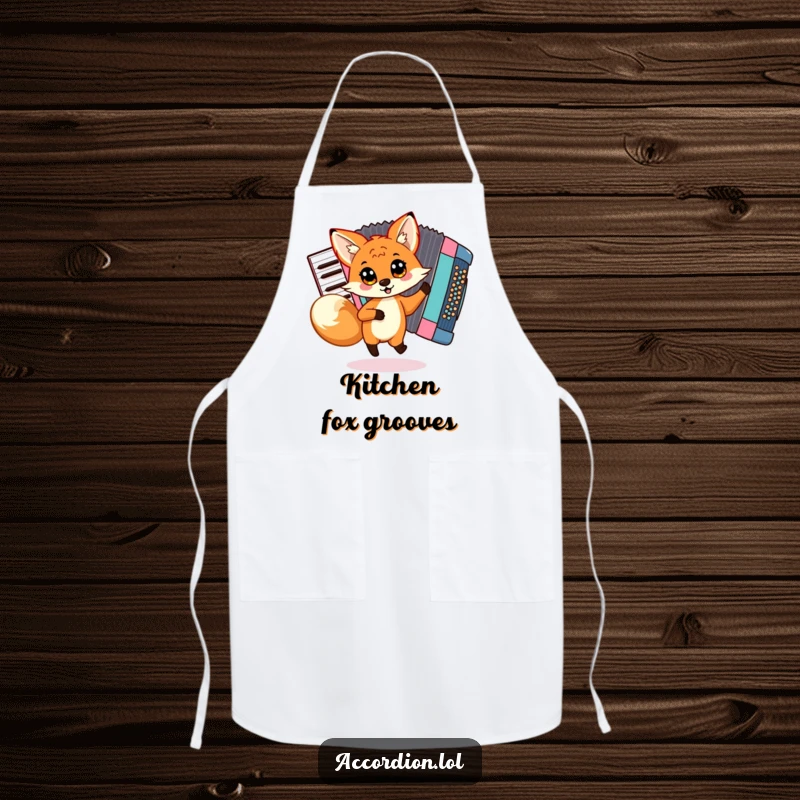 Funny Fox Accordion Apron featuring a playful fox with big eyes dancing around a large, colorful accordion, ideal for kitchen use.
