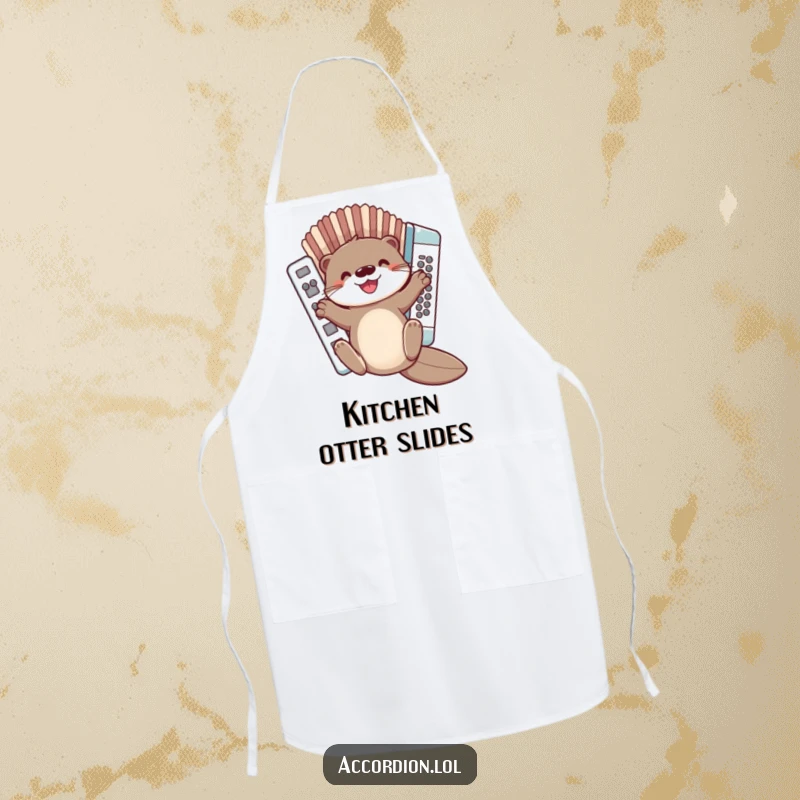 Funny Otter Accordion Apron featuring a cute otter sliding down the bellows of a musical accordion, ideal for kitchen use.