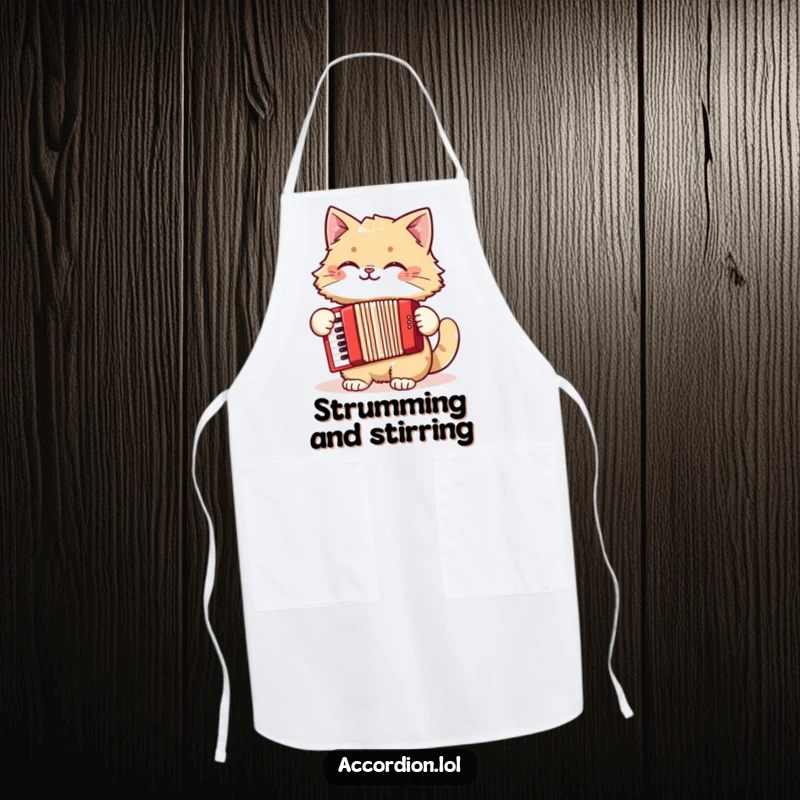 Funny cat apron with a grinning cat passionately playing a red accordion, ready to whip up culinary delights.