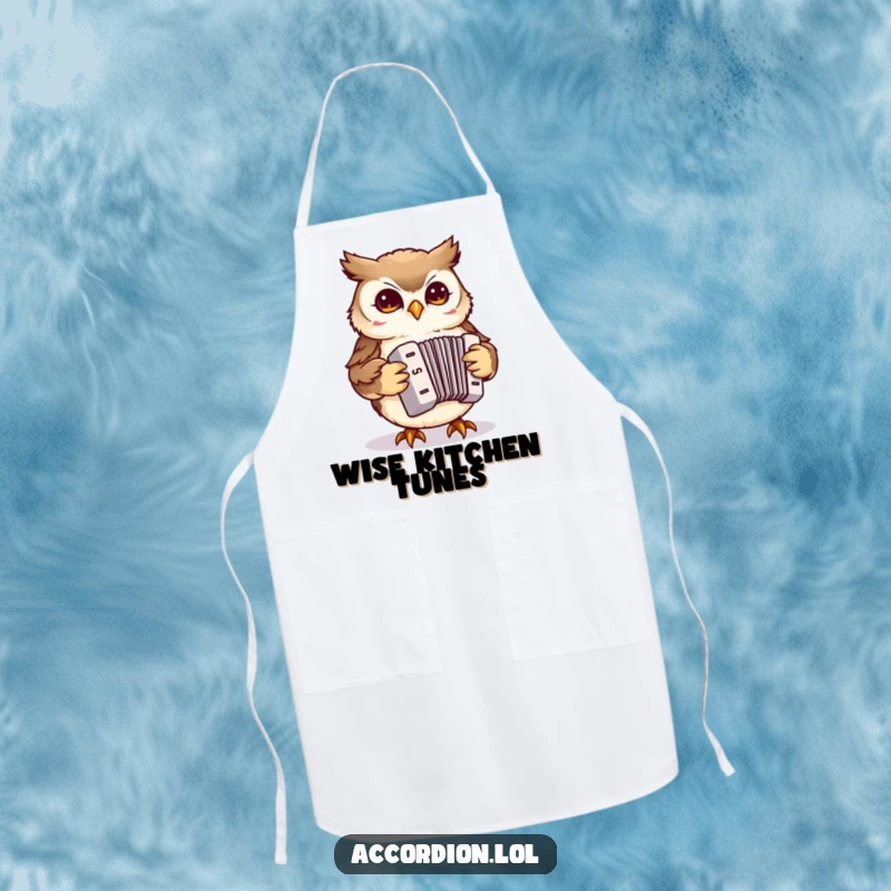 Funny Owl Accordion Apron featuring a small owl pecking at a miniature accordion, ideal for kitchen use and owl enthusiasts.