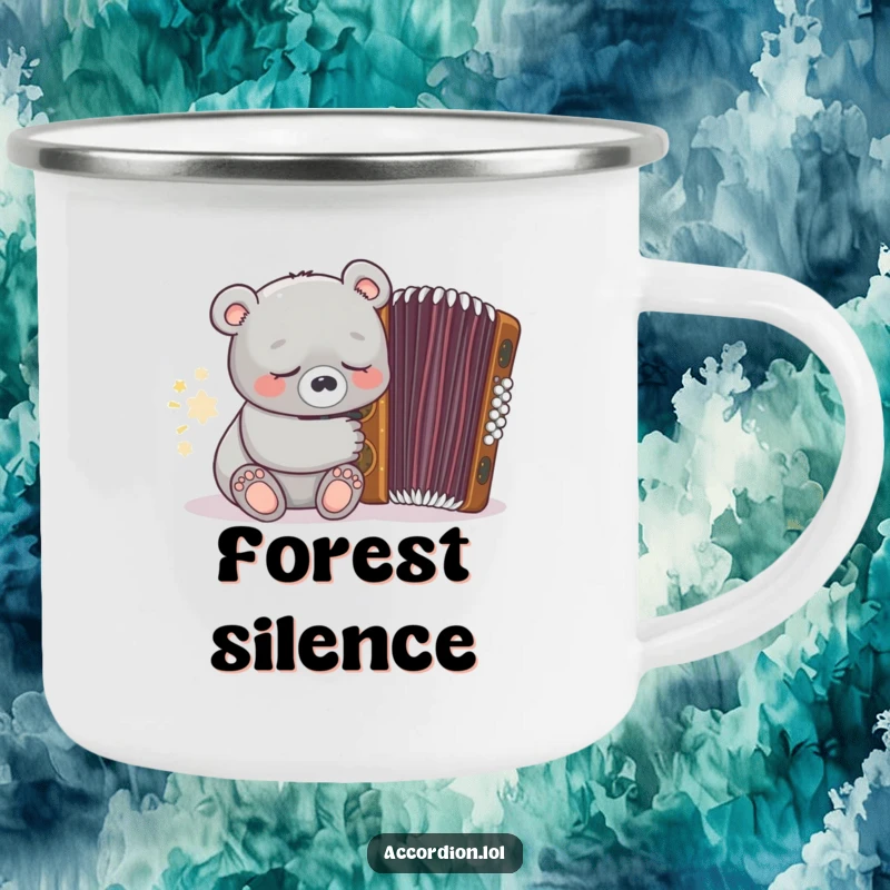 Funny grey bear musician sleeping near a closed ornate brown accordion on a durable camping mug, ideal for quiet adventures.