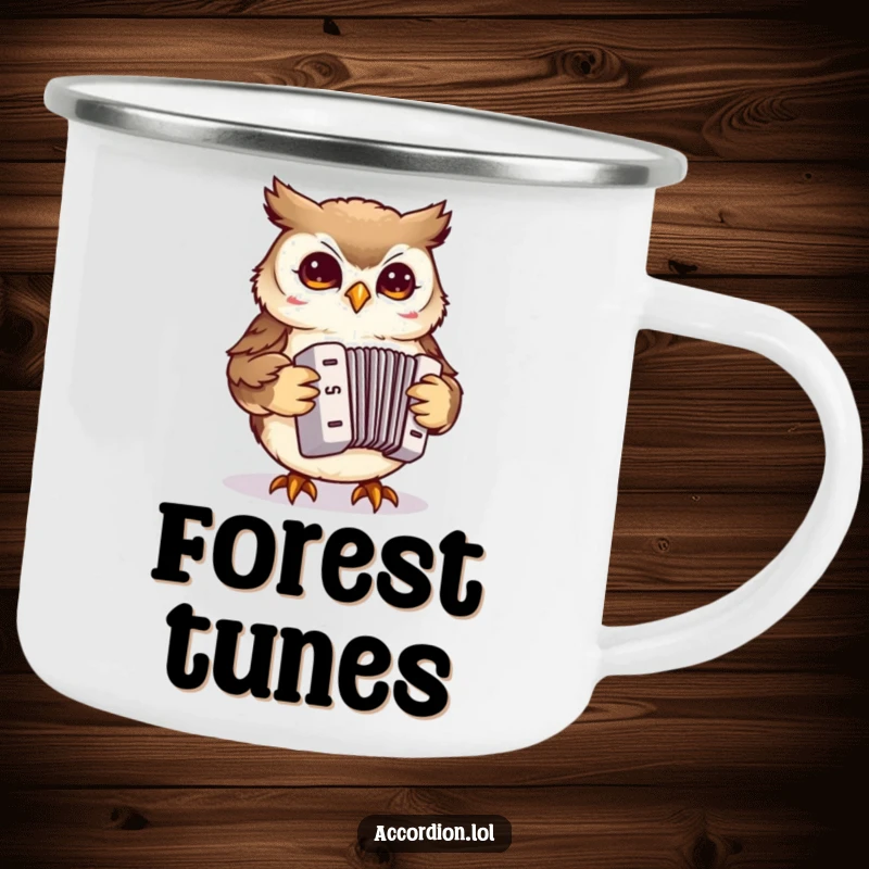 Funny Owl Accordion Camping Mug with a small owl playing a miniature accordion, perfect for outdoor enthusiasts and music lovers.