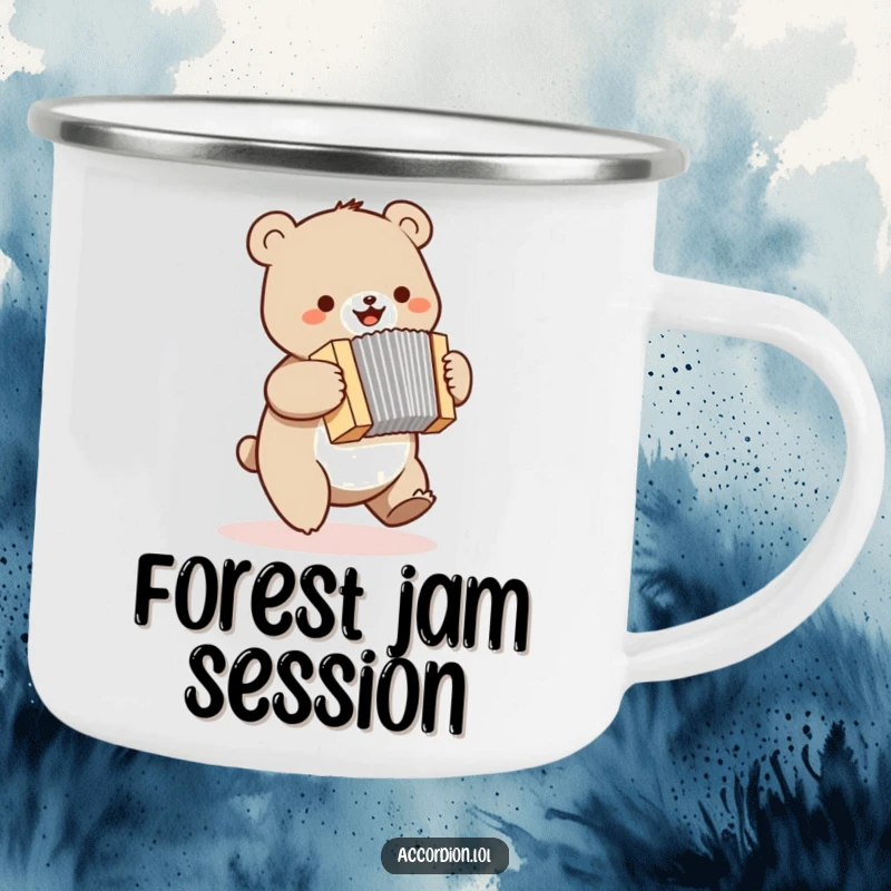 Funny bear camping mug with a small bouncing bear joyfully playing a miniature accordion, ideal for nature lovers.