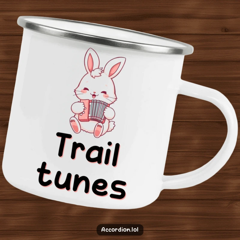 Funny Bunny Accordion Camping Mug showing a fluffy bunny happily playing a tiny accordion, perfect for outdoor enthusiasts and music fans.