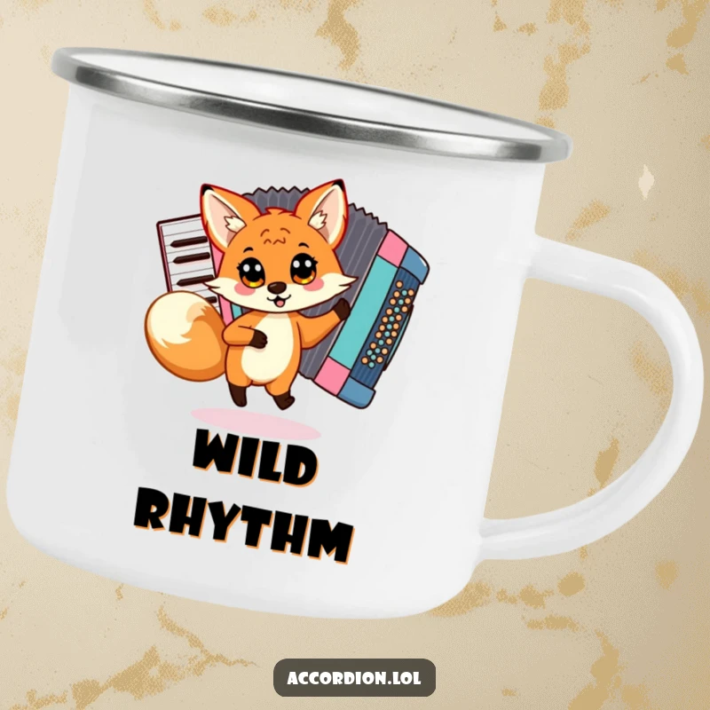 Funny Fox Accordion Camping Mug with a playful fox dancing around a colorful accordion, perfect for outdoor enthusiasts and music fans.