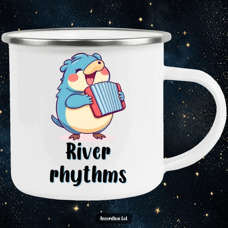 Funny blue platypus musician playing a colorful accordion on a durable camping mug, ideal for outdoor adventures.