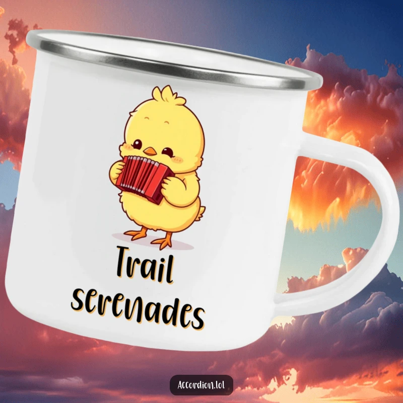 Funny yellow chick musician playing a tiny red accordion on a durable camping mug, ideal for outdoor adventures.