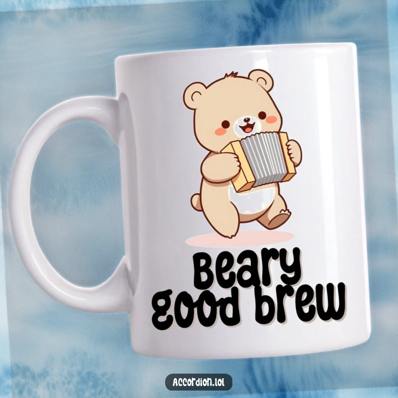 Funny bear mug showing a small, bouncing bear joyfully playing a miniature accordion with pure delight.