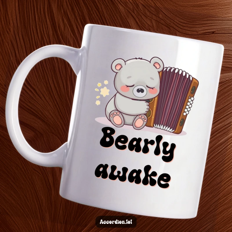 Funny sleepy grey bear character peacefully snoozing next to a closed, ornate brown accordion, evoking tranquility.