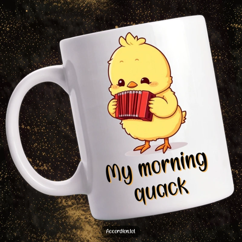 Funny yellow chick with an accordion, happily playing its tiny red instrument, bringing a cheerful and musical vibe.