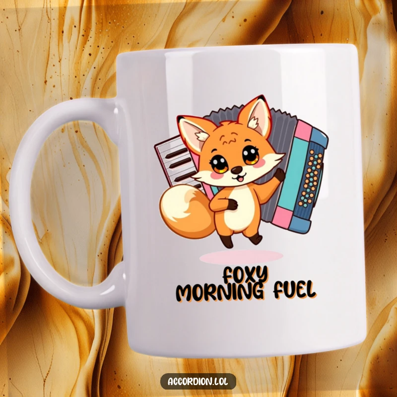 Funny Fox Accordion Mug showing a playful fox with big eyes dancing around a large, colorful accordion, great for music lovers.