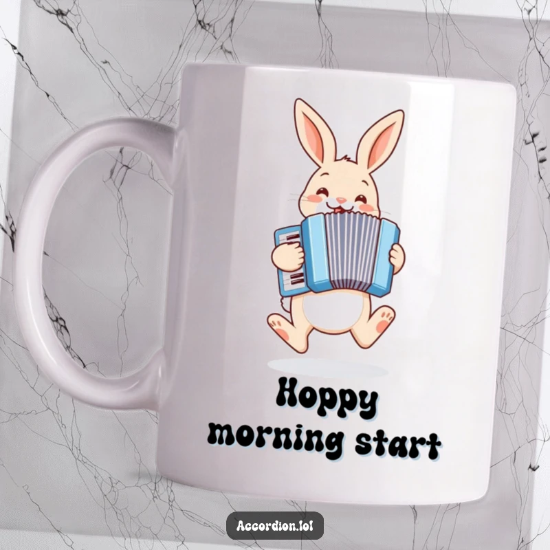 Funny bunny mug showing a cheerful bunny hopping and playing a pastel blue accordion with immense glee and happiness.