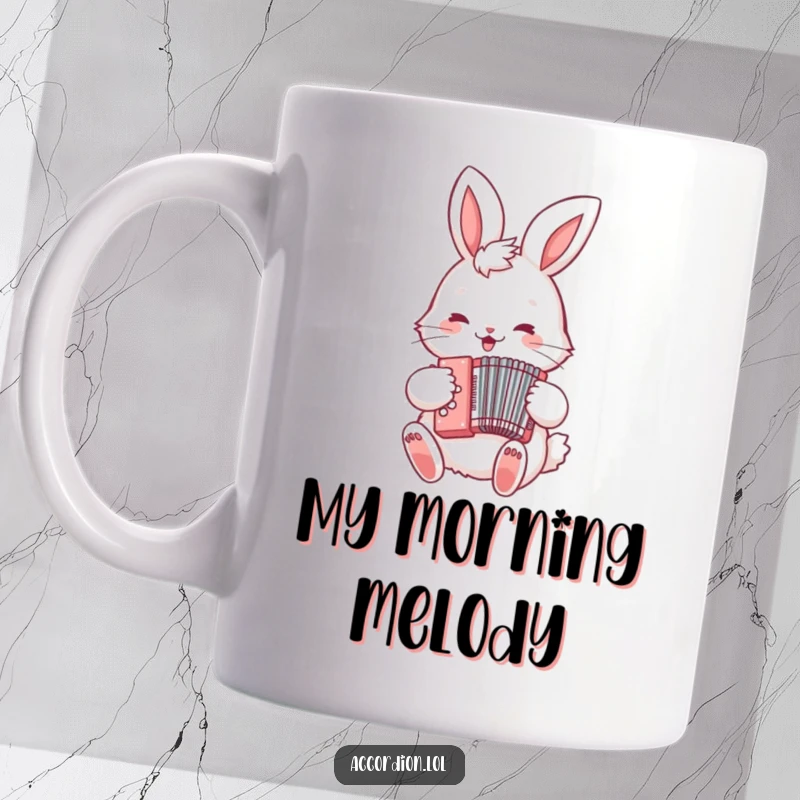Funny Bunny Accordion Mug featuring a fluffy bunny happily playing a miniature accordion, perfect for a music lover's gift.