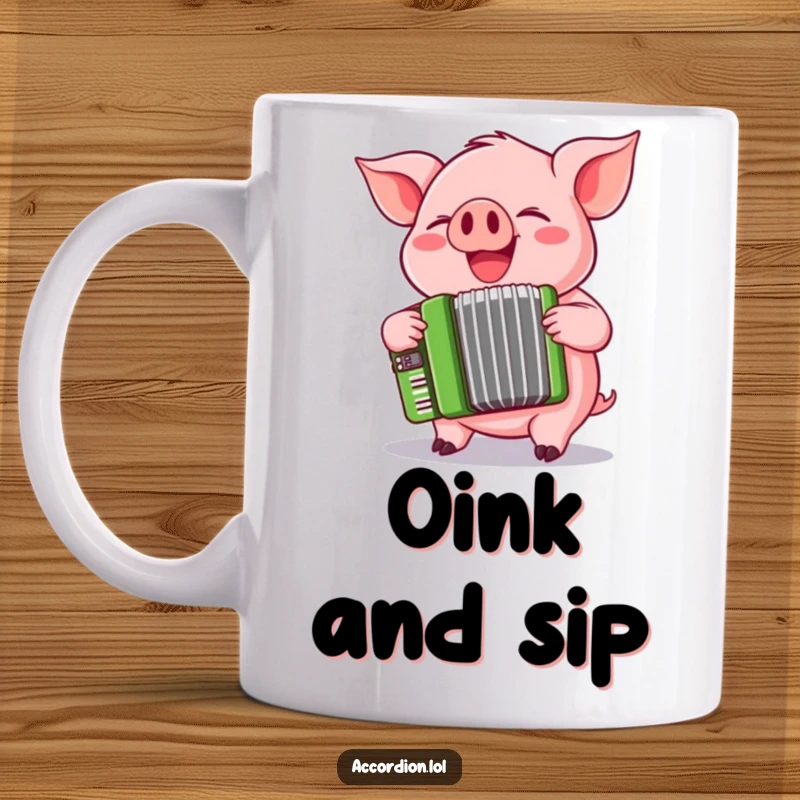 Funny playful pink pig character giggling and squeezing a cheerful green accordion with musical notes.