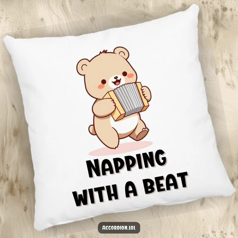 Funny bear pillow showing a small, bouncing bear joyfully playing a miniature accordion, bringing comfort and cheer.