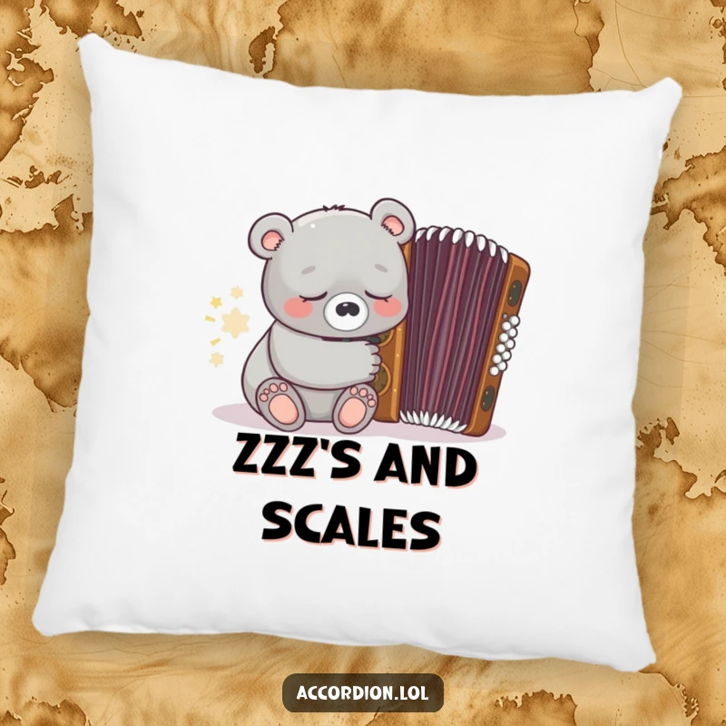 Funny grey bear character is depicted sleeping near a closed ornate brown accordion on a decorative pillow.