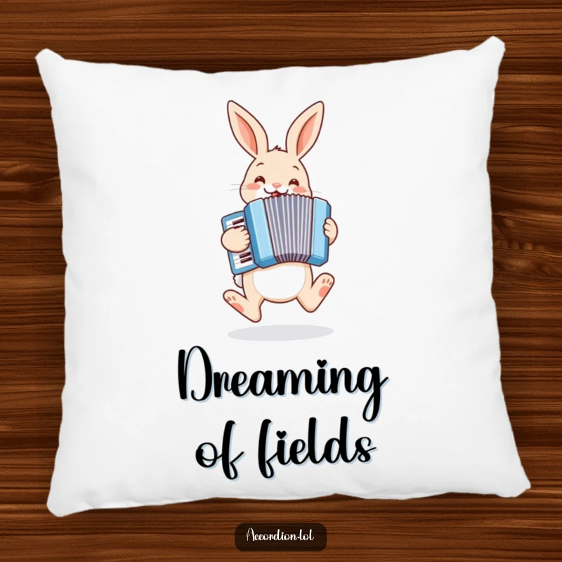 Funny bunny pillow showing a cheerful bunny hopping and playing a pastel blue accordion, bringing comfort and charm.