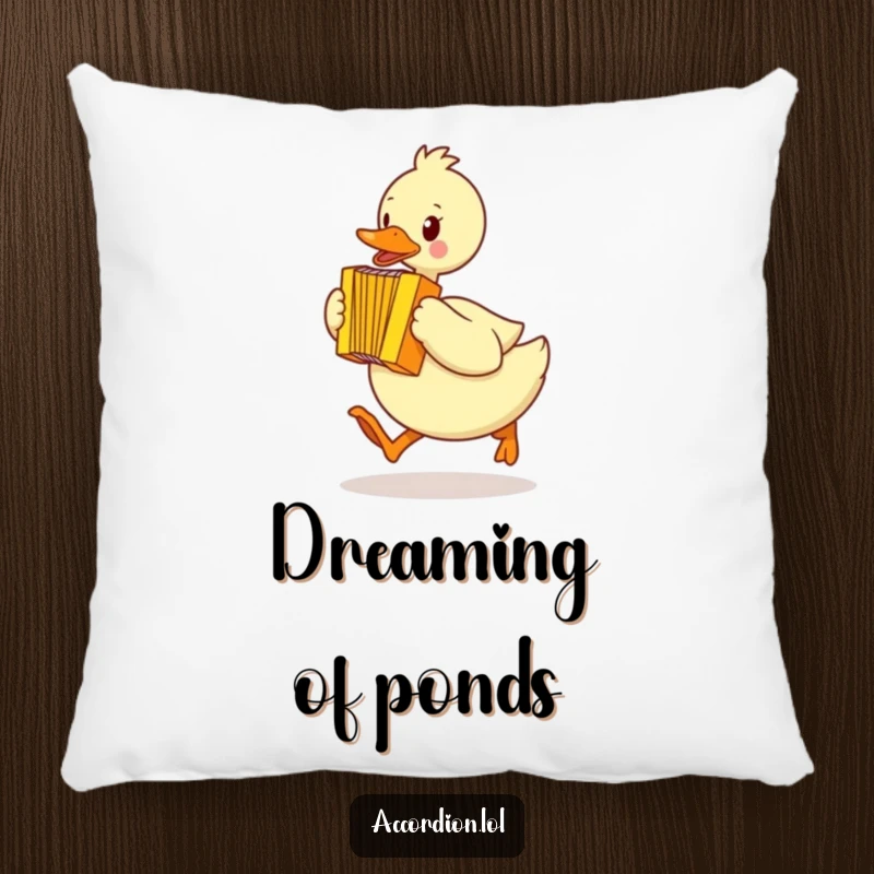 Funny duck pillow showing a yellow duck waddling quickly mid-hop, playing a bright yellow accordion, bringing comfort and charm.