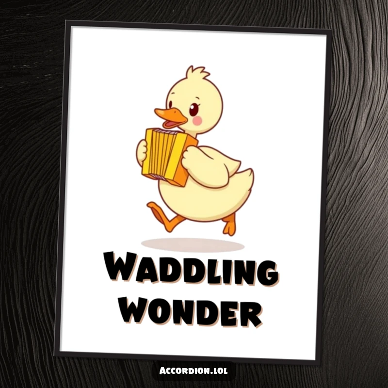 Funny duck digital art print of a yellow duck waddling quickly mid-hop, playing a bright yellow accordion, creating a lively scene.