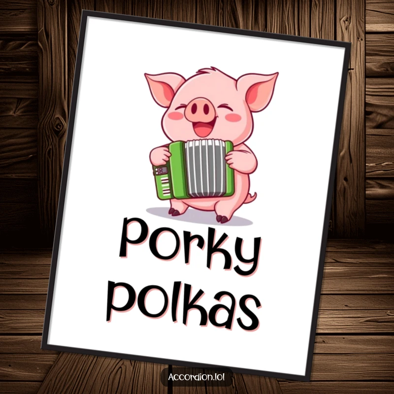 Funny pink pig character giggling and squeezing a cheerful green accordion, high-resolution digital art print.