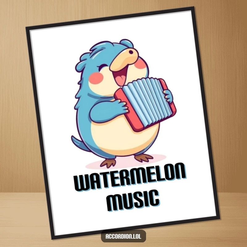 Funny blue platypus character enthusiastically playing a large, colorful accordion, high-resolution digital art print.