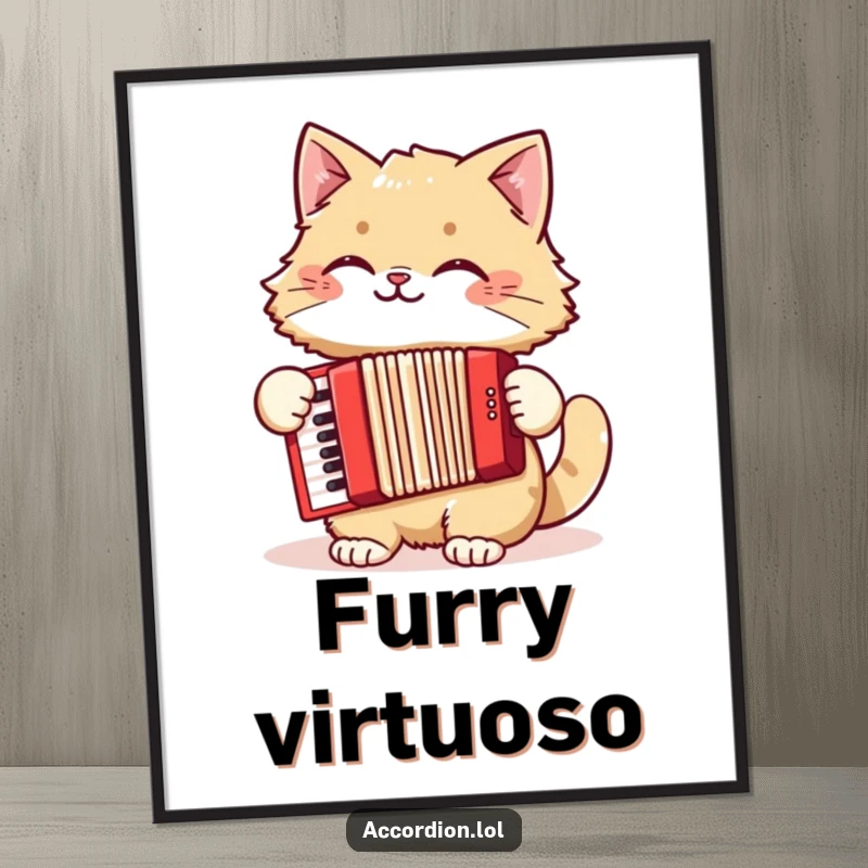 Funny cat digital art print of a cheerful cat playing a red accordion, creating a lively and humorous ambiance.