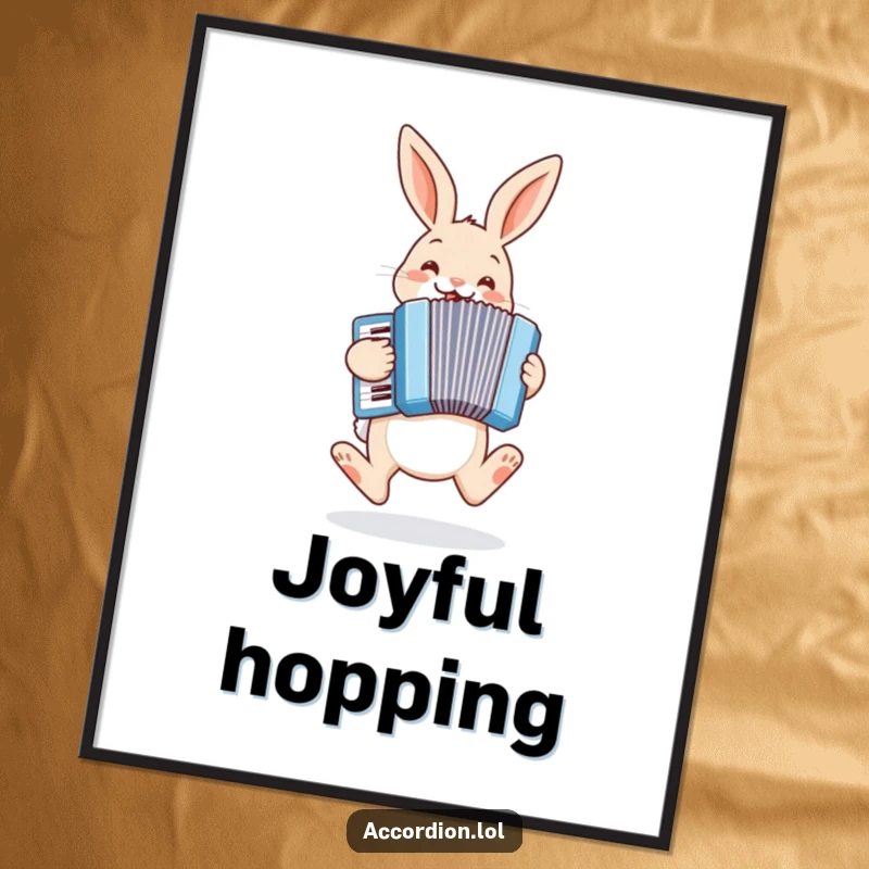 Funny bunny digital art print of a cheerful bunny hopping and playing a pastel blue accordion, creating a lively scene.