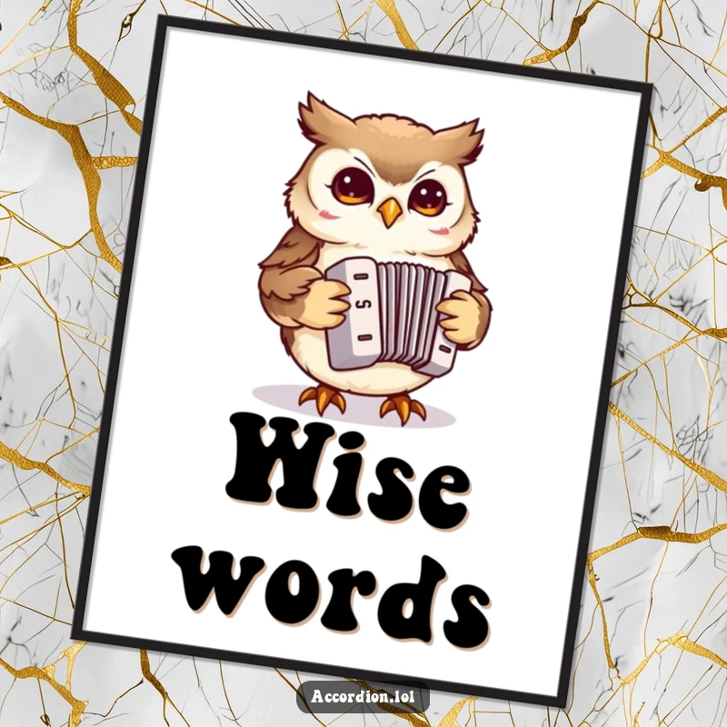 Funny Owl Accordion Digital Art Print of a small owl playfully pecking at a miniature accordion, perfect for instant wall decor.