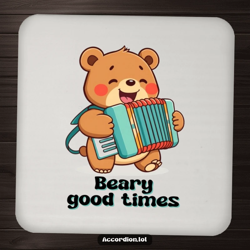 Funny Bear Accordion Coaster featuring a cheerful bear with a bright smile playing an accordion, ideal for protecting surfaces.