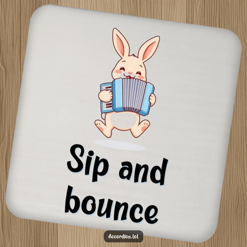 Funny bunny coaster with a cheerful bunny hopping and playing a pastel blue accordion, adding humor to drinks.