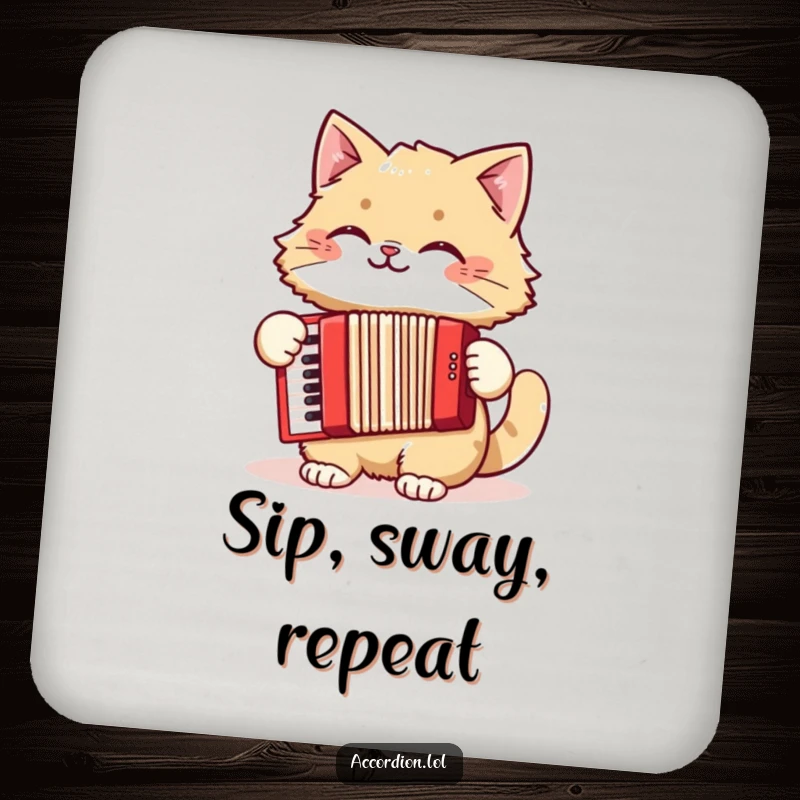 Funny cat coaster with a grinning feline maestro playing a red accordion, adding a humorous touch to any drink.