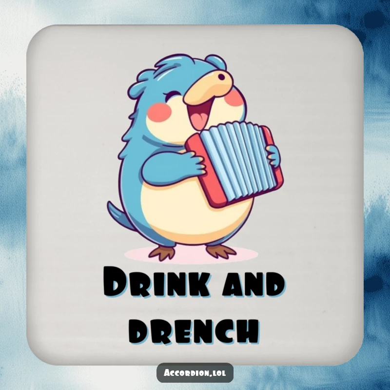 Funny blue platypus character playing a colorful accordion, designed as a protective and cute drink coaster.