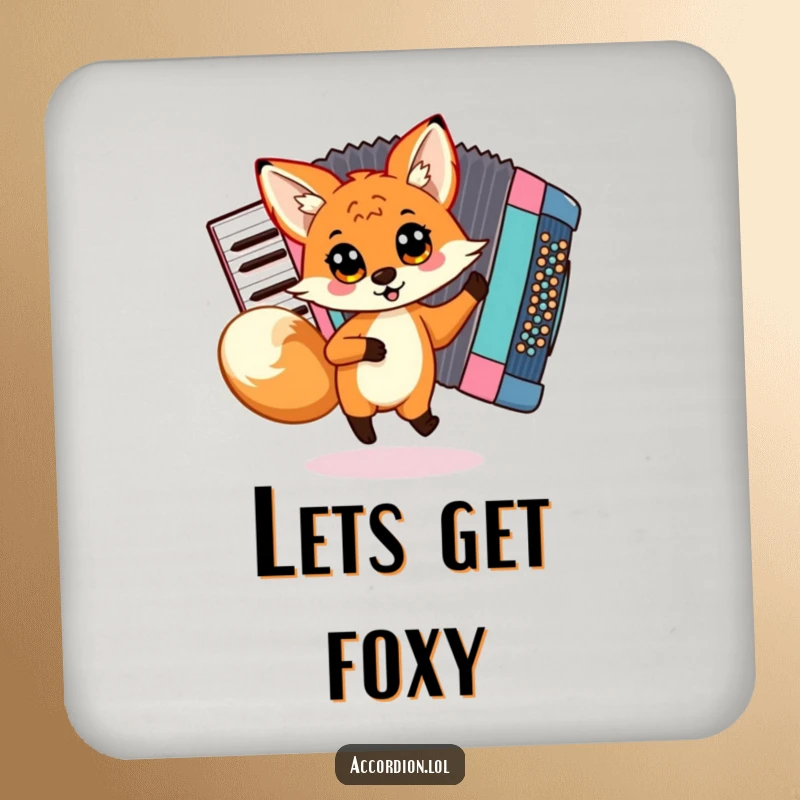 Funny Fox Accordion Coaster featuring a playful fox dancing around a colorful accordion, ideal for protecting surfaces with humor.