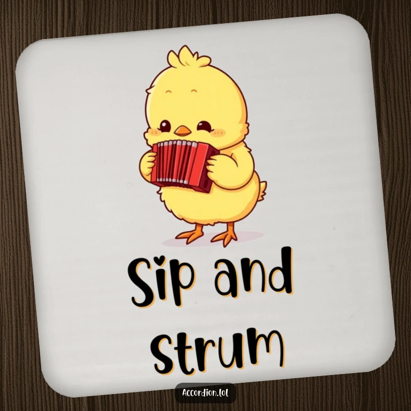 Funny yellow chick character playing a tiny red accordion, designed as a protective and cute drink coaster.