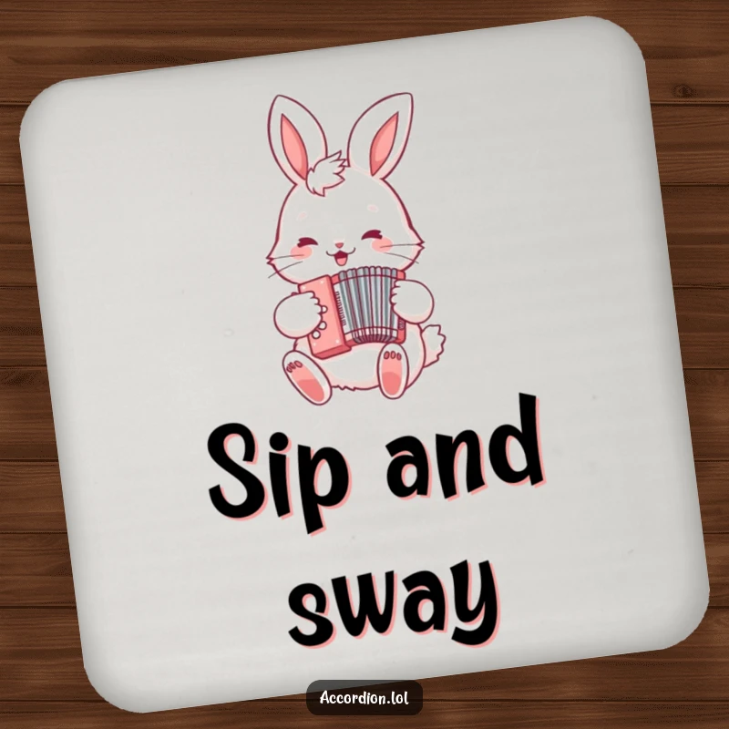 Funny Bunny Accordion Coaster featuring a fluffy bunny playing a miniature accordion, perfect for protecting surfaces with musical humor.