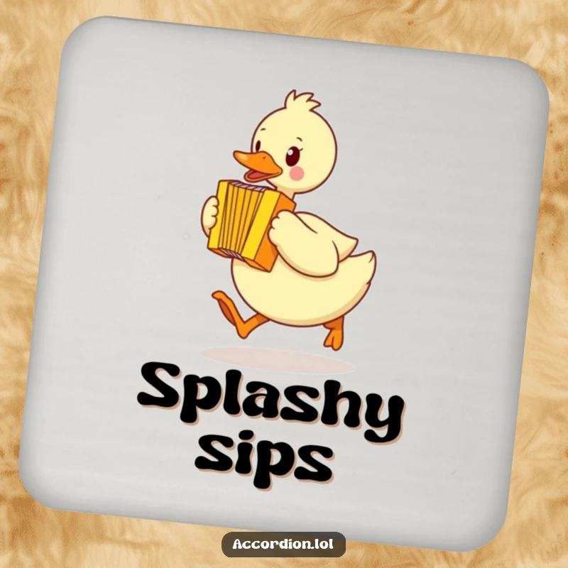 Funny duck coaster with a yellow duck waddling mid-hop, playing a bright yellow accordion, adding humor to drinks.