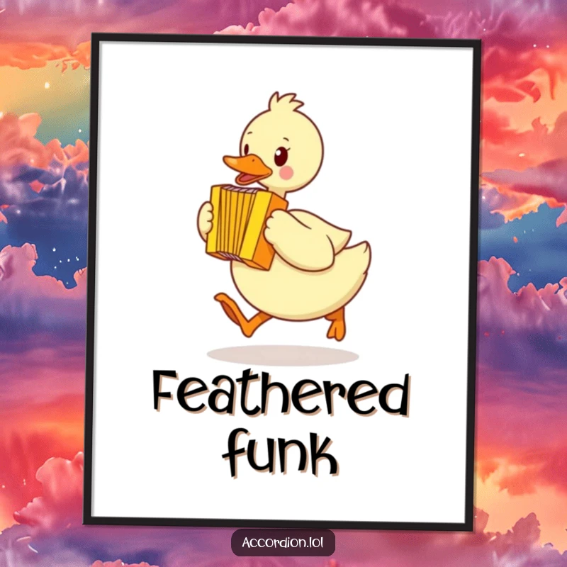 Funny duck poster featuring a yellow duck waddling quickly mid-hop while playing a bright yellow accordion, full of life.