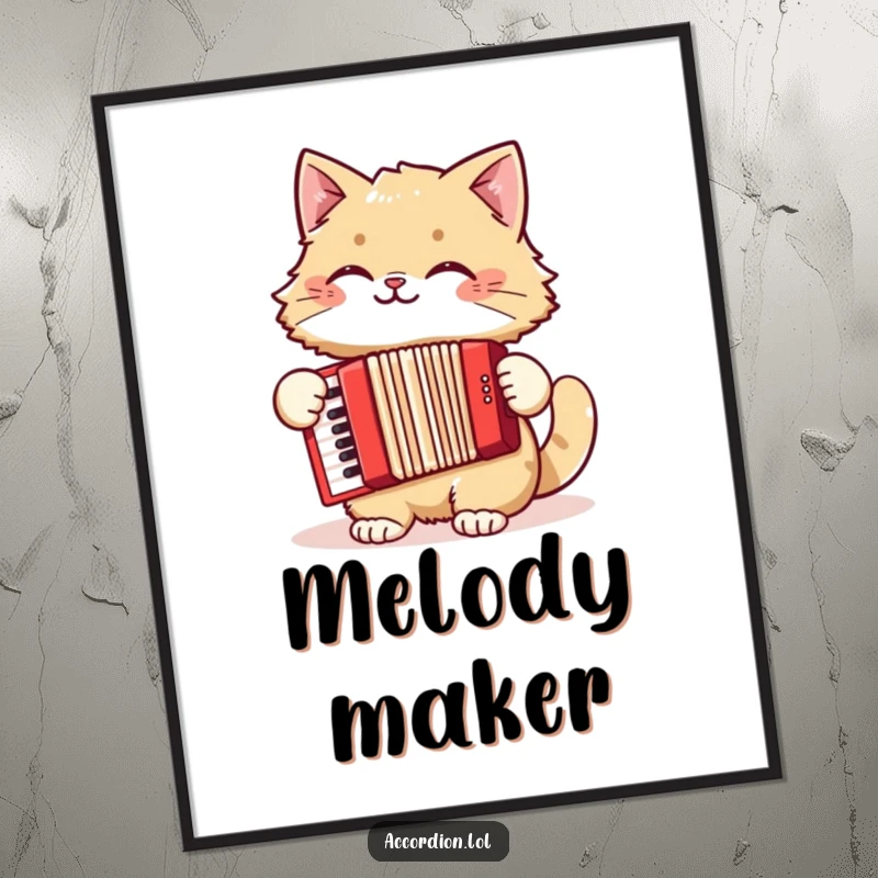Funny cat poster featuring a fluffy cat with a huge grin, enthusiastically playing a red accordion, bringing musical joy.