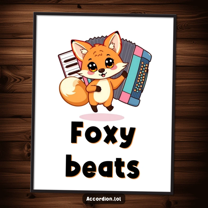Funny Fox Accordion Poster depicting a playful fox with big eyes dancing around a large, colorful accordion, adding humor to wall decor.