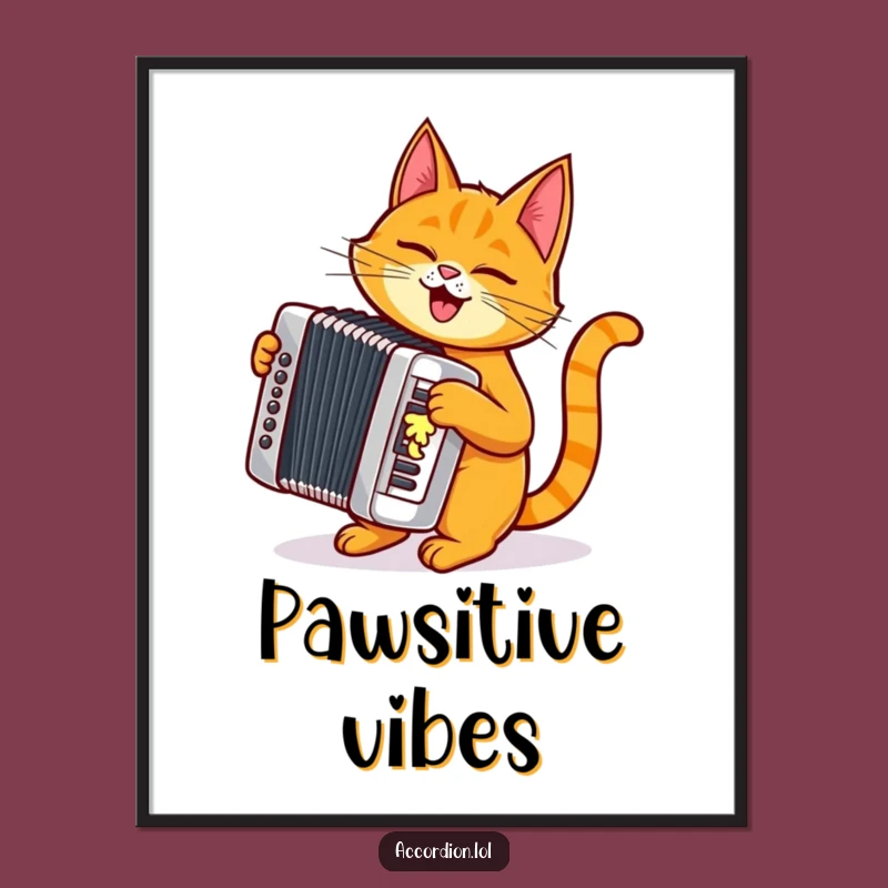 Funny Cat Accordion Poster: Mischievous Orange Cat Playing a Shiny Silver Accordion Art