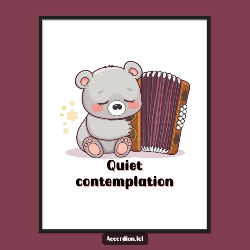 Funny Bear Accordion Poster: Sleepy Grey Bear Napping Near an Ornate Accordion Art