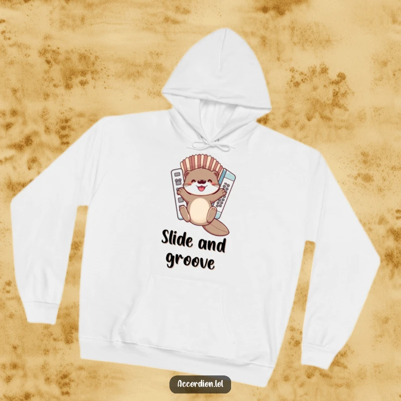 Funny Otter Accordion Hoodie showing a cute otter sliding down the bellows of a joyous accordion, perfect for warmth and humor.