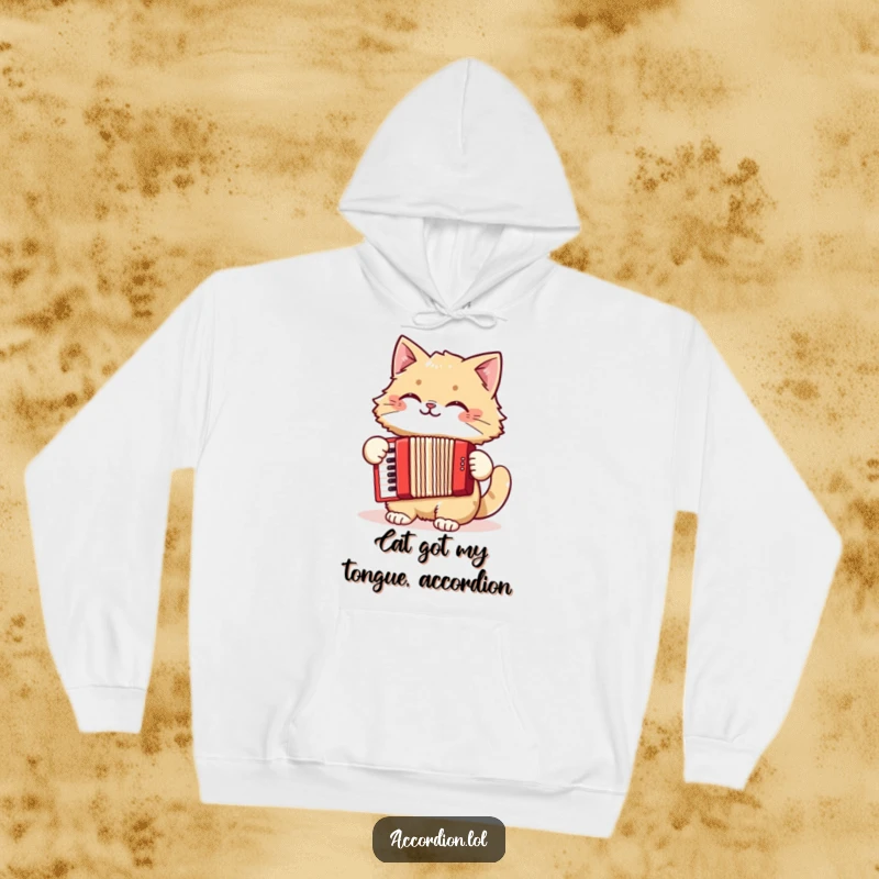 Funny cat hoodie depicting a fluffy cat with a wide grin, passionately playing a red accordion, spreading musical cheer.