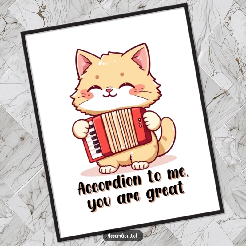 Funny Free Printable Wall Art: A fluffy cat with a cheerful grin plays a red accordion with musical delight.