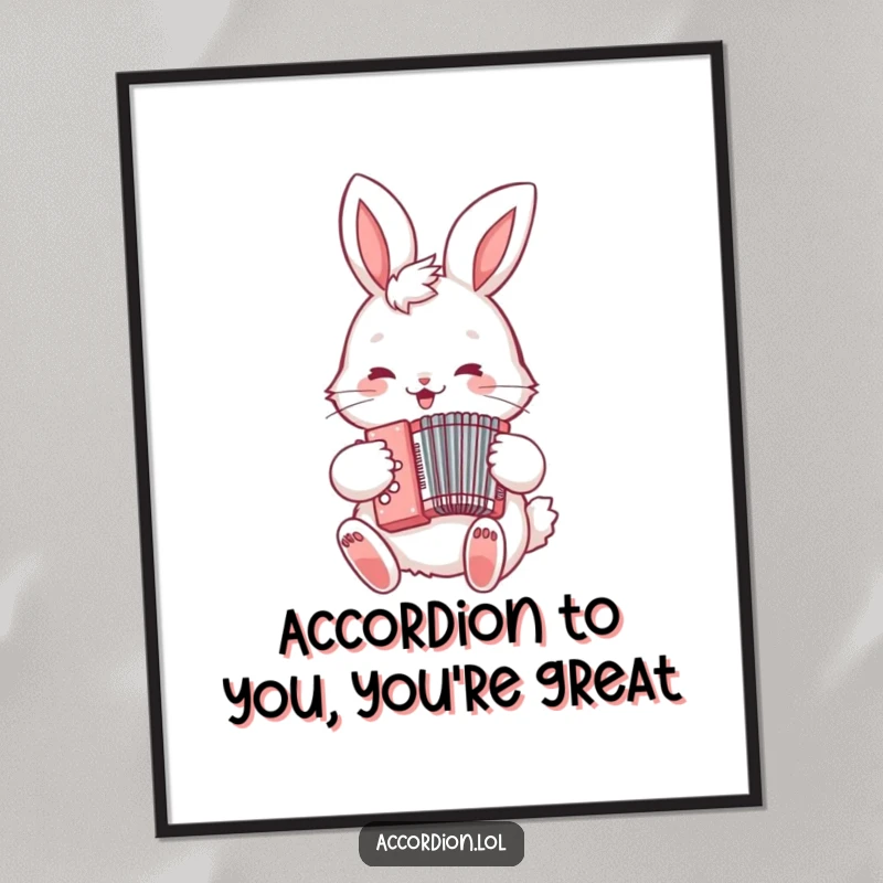Free Printable Wall Art: A fluffy bunny happily plays a miniature accordion, radiating musical joy and whimsical charm.