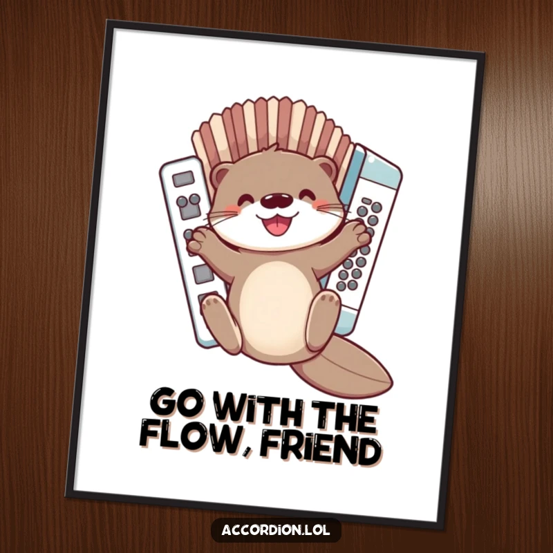 Free Printable Wall Art: A cute otter slides down the bellows of a joyous accordion with a happy expression.