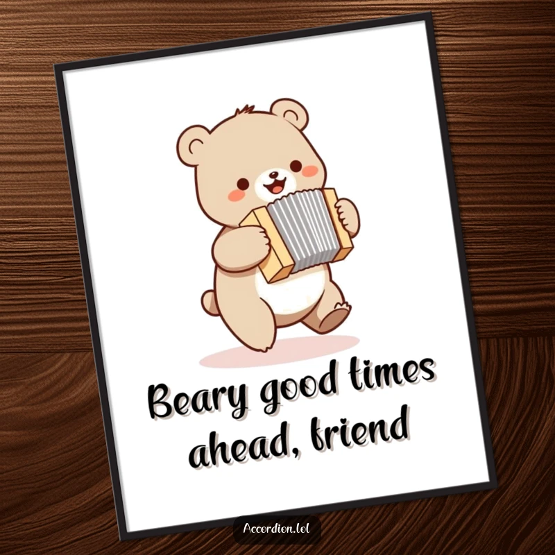 Funny Free Printable Wall Art: A small bear joyfully bounces and plays a miniature accordion with infectious energy.